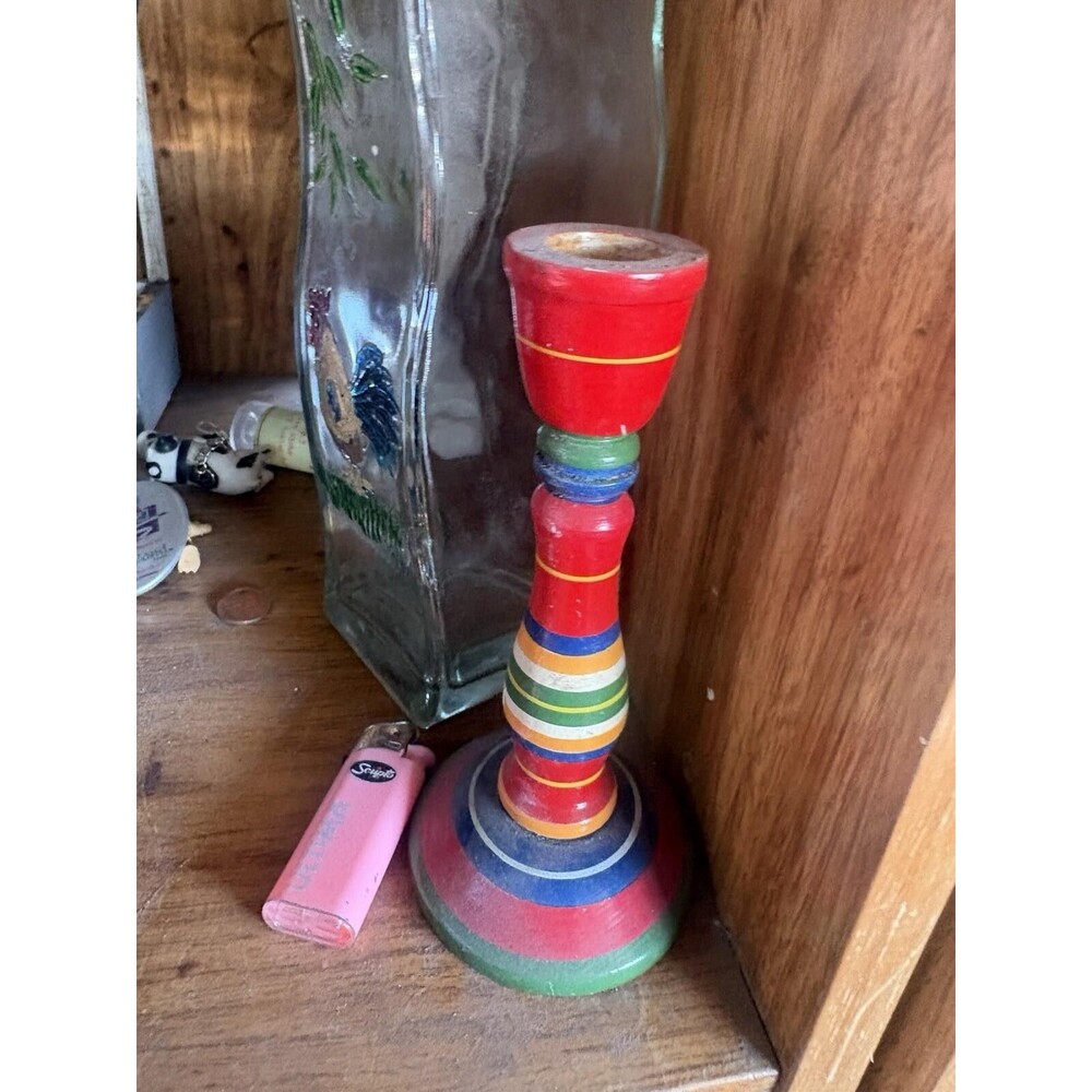 Vintage Red & Green Hand Turned Painted Wooden Candlesticks